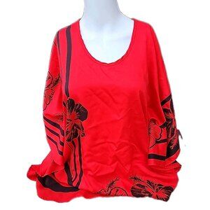 VTG 70s Hans Jutte Hawaii Red OS Black Hibiscus Floral Coverup Beach Sun Top